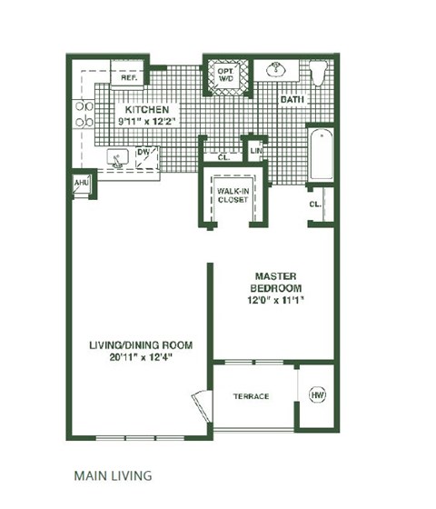 Floor plan for 1 bed, 1 bath, 920 sqft